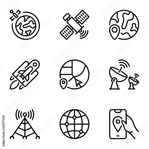 satellite related vector line icons set. orbit, telecommunication, networking, broadcast, globe, stroke, wireless, atmosphere, connect, system, global, map, navigation, network