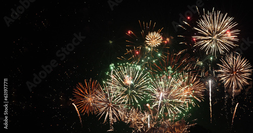 Green Firework celebrate anniversary happy new year 2024  4th of july holiday festival. Green firework in night time celebrate national holiday. Countdown to new year 2024 festival party time event