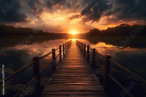 wooden bridge over the lake with beautiful sunset. generative ai © LivroomStudio