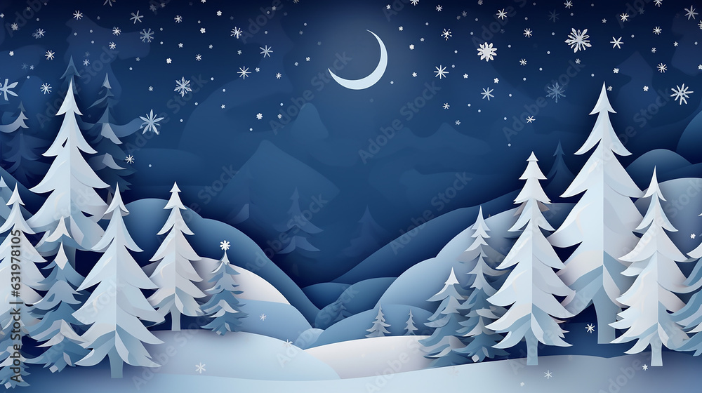 Winter Christmas background with cute paper fir tree. Winter Illustration Background. Generative AI