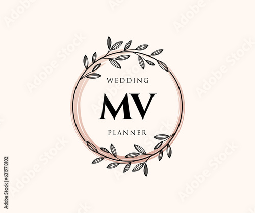 MV Initials letter Wedding monogram logos collection, hand drawn modern minimalistic and floral templates for Invitation cards, Save the Date, elegant identity for restaurant, boutique, cafe in vector