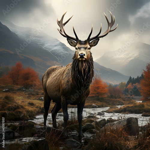 Red deer stag posing on a meadow Generative AI © thiraphon