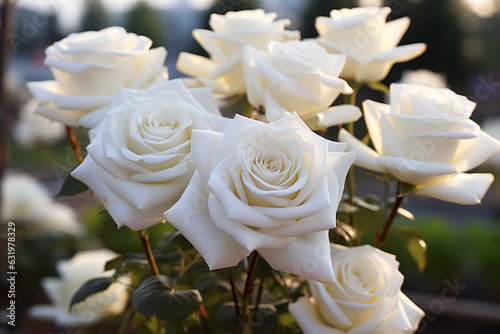 mehrere weiße Rosen in Blütezeit. Querformat. Generative Ai.