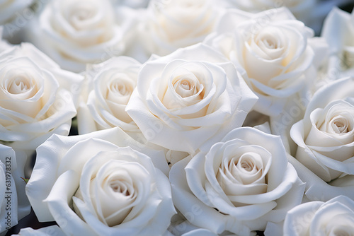 mehrere weiße Rosen in Blütezeit. Querformat. Generative Ai.