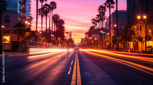 Los Angeles street in a pink light  sunset. Generative AI