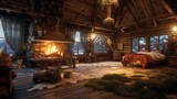A cozy log cabin with a crackling fireplace and rust.Generative AI