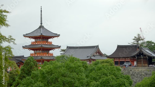 Koyasu pagoda at Kyomizudera temple shrine Tokyo Japan rainy day forest view photo