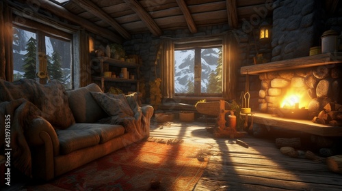 A cozy log cabin with a crackling fireplace and rust.Generative AI © sudipdesign