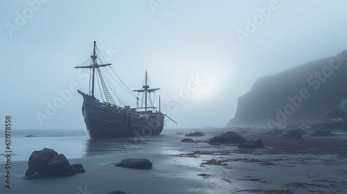 A deserted foggy beach with an eerie shipwreck Generat.Generative AI
