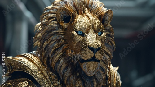 A lion in gold armor.Generative AI photo