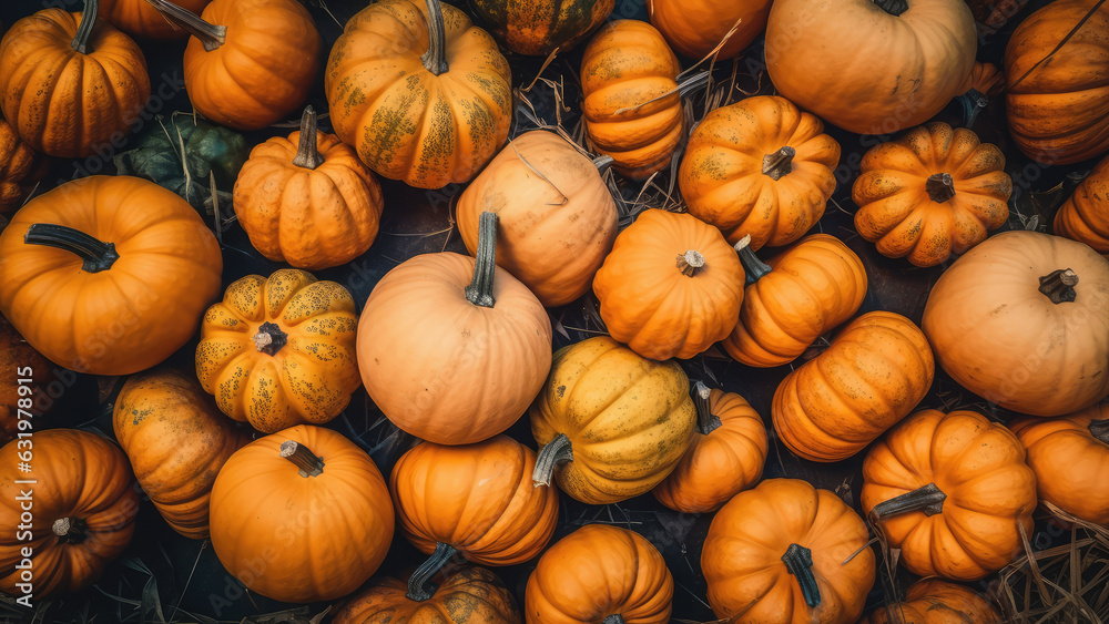 Colorful varieties of pumpkins and squashes. Autumn bottom border banner of pumpkins and fall decor on a rustic wood background with copy space. Halloween theme. generative ai Colorful varieties of pumpkins and squashes. Autumn bottom border banner of pumpkins and fall decor on a rustic wood background with copy space. Halloween theme. generative ai