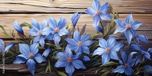 illustration of oil painting of beautiful blue eyed grass bush on wooden fence, generative AI photo
