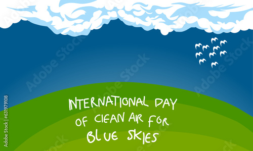 vector of birds flying in blue sky and green grass to commemorate International Day of Clean Air for Blue Skies on September 7