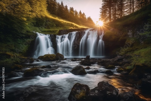 The beauty of the waterfall with the sunrise in the morning, long exposure. generative ai