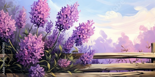 illustration of oil painting of beautiful English lavender bush on wooden fence, generative AI
