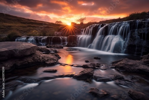 The beauty of the waterfall with the sunrise in the morning  long exposure. generative ai