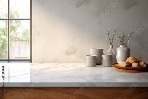 White marble kitchen countertop near the window.  Generative AI 