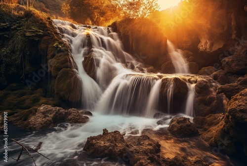 The beauty of the waterfall with the sunrise in the morning, long exposure. generative ai © LivroomStudio