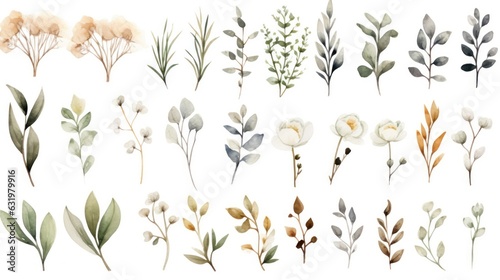 Fototapeta Naklejka Na Ścianę i Meble -  Composition of minimal botanical wedding frame on white background watercolor