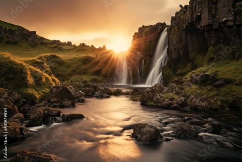 The beauty of the waterfall with the sunrise in the morning, long exposure. generative ai