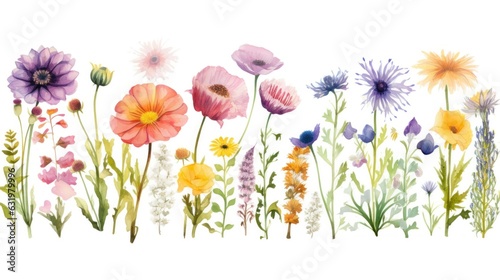 Watercolor set with garden flowers. Flat cartoon illustration isolated on white background