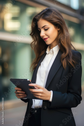 Young busy pretty business woman professional office manager executive or global international company employee standing on big city street outside using digital tablet fintech device. Generative AI Free Download Young busy pretty business woman professional office manager executive or global international company employee standing on big city street outside using digital tablet fintech device. Generative AI - GFXLoad