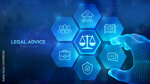 Labor law, Lawyer, Attorney at law, Legal advice concept. Internet law services and cyberlaw. Wireframe hand places an element into a composition visualizing online lawyer advice. Vector illustration.