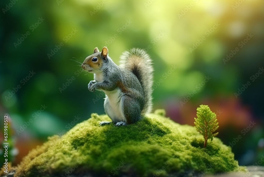 Squirrel on green mossy rock with blurred background. generative ai Squirrel on green mossy rock with blurred background. generative ai