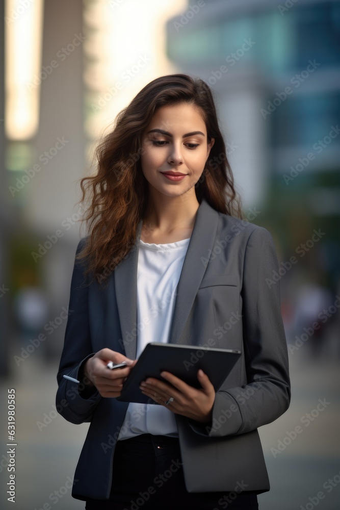 Young busy pretty business woman professional office manager executive or global international company employee standing on big city street outside using digital tablet fintech device. Generative AI