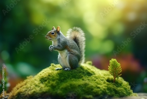 Squirrel on green mossy rock with blurred background. generative ai