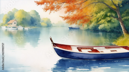 Boat on the river watercolor oil painting wallpaper background landscape boating wallpaper © BornHappy