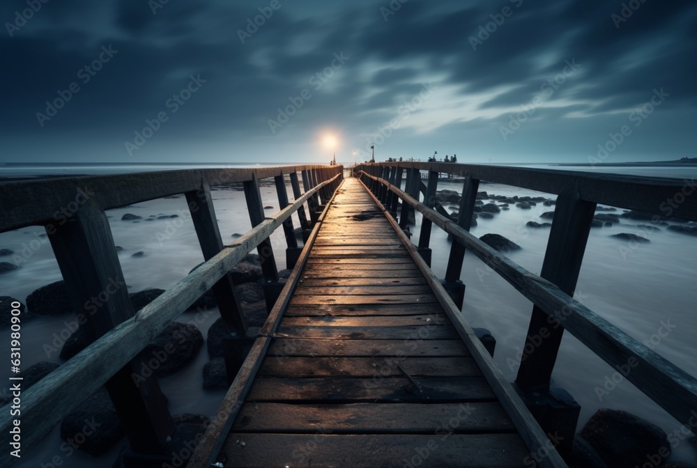 Wooden bridge with the beauty of the beach, long exposure. generative ai