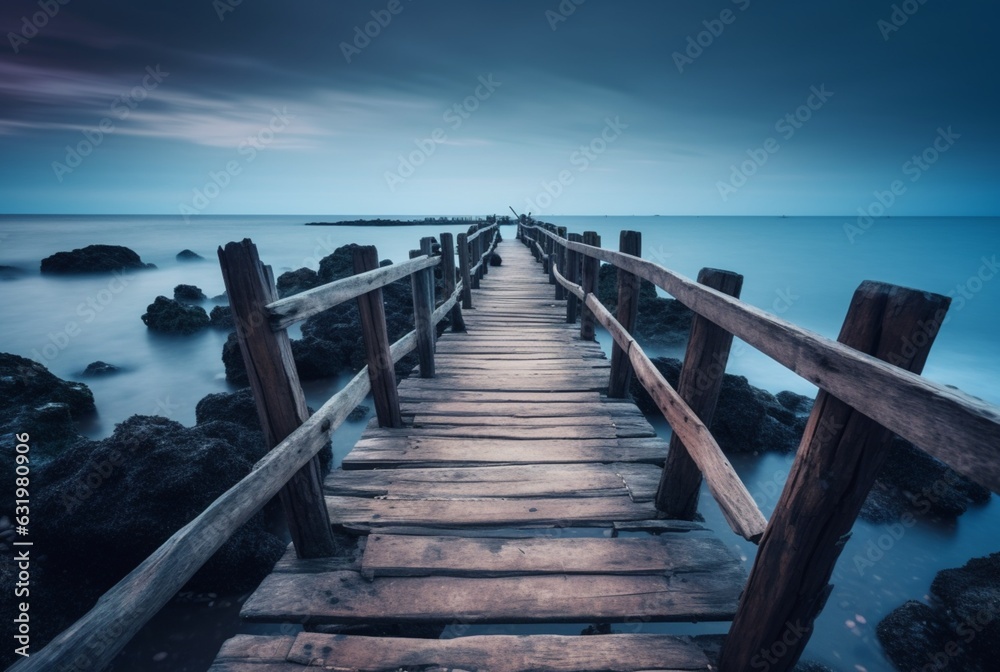 Obraz premium Wooden bridge with the beauty of the beach, long exposure. generative ai