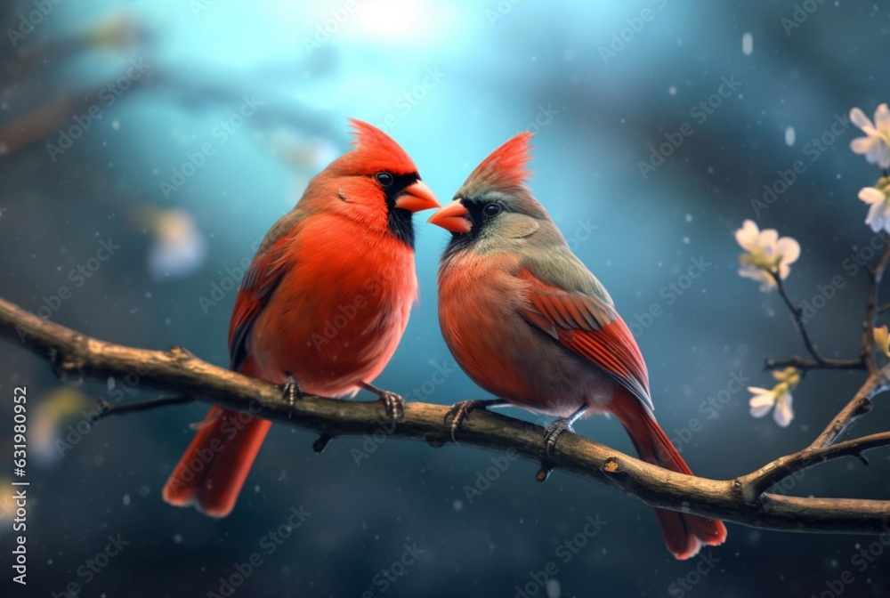 romantic coupling of cardinas birds on a branch. generative ai romantic coupling of cardinas birds on a branch. generative ai