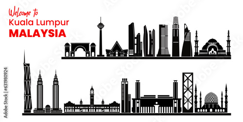 Welcome to Kuala Lumpur Malaysia city skyline silhouette. Landmarks of Malaysia. Vector city of Kuala Lumpur malaysia 