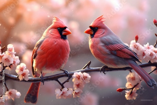 romantic coupling of cardinas birds on a branch. generative ai