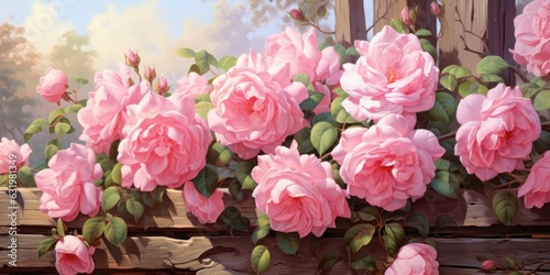 illustration of oil painting of beautiful pink rose  bush on wooden fence  generative AI