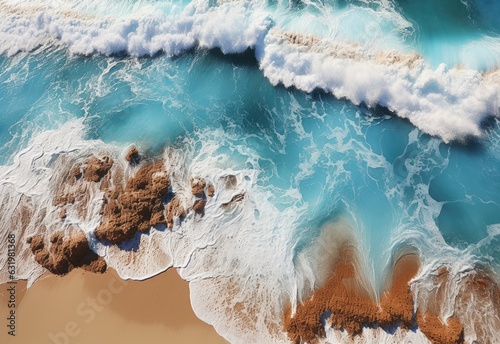 Overhead photo of crashing waves on the shoreline. Tropical beach surf. Abstract aerial ocean view  Aerial view of the waves crashing on the beach. Shot from a drone