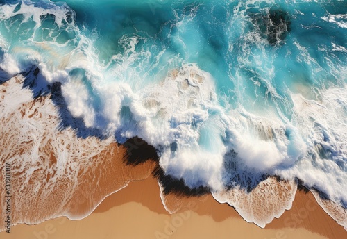 Overhead photo of crashing waves on the shoreline. Tropical beach surf. Abstract aerial ocean view, Aerial view of the waves crashing on the beach. Shot from a drone
