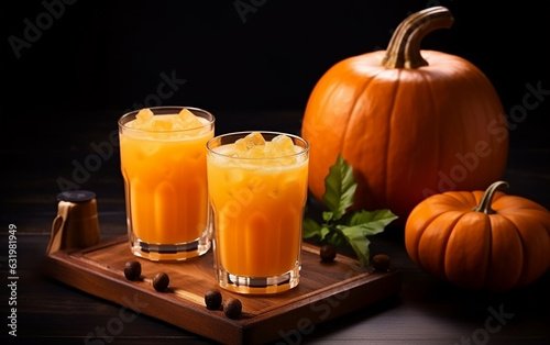 Fresh pumpkin juice in a glass Cup and orange pumpkins.