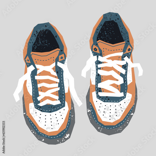 a pair of  Vintage Sneaker Shoes,top view,flat style, nostalgic realism