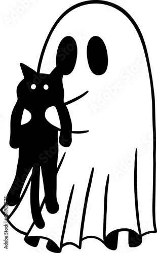 cute ghost and black cat funny halloween vector illustration isolated on white background