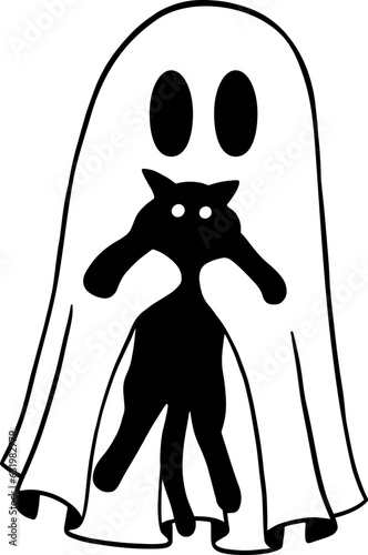 cute ghost and black cat funny halloween vector illustration isolated on white background