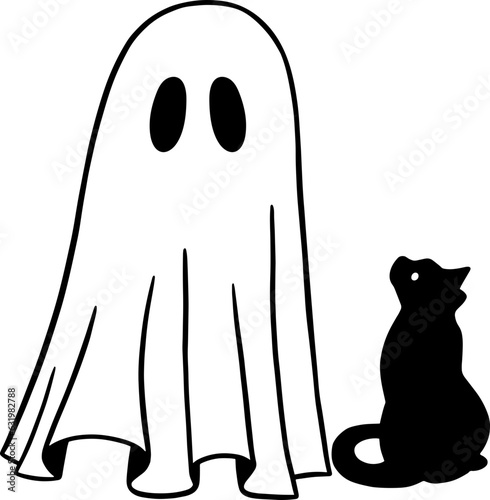 cute ghost and black cat funny halloween vector illustration isolated on white background