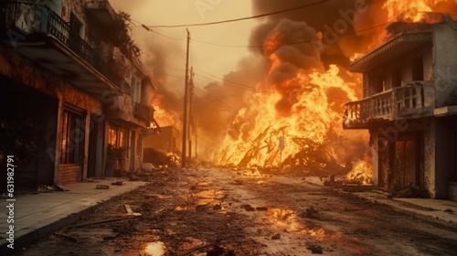 A street with houses in a ruined city on fire after.Generative AI