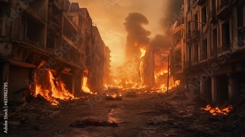 A street with buildings in a ruined city on fire after.Generative AI