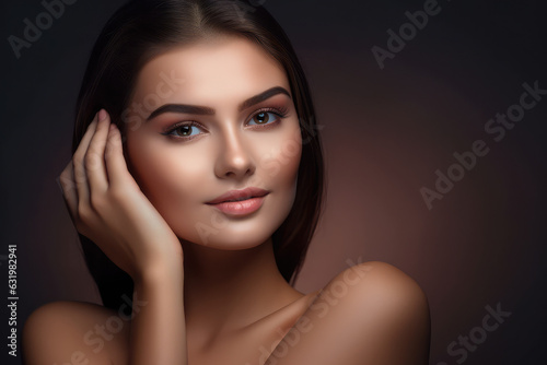 Portrait of woman, skincare and beauty cosmetics for shine, wellness or healthy glow on studio background. Happy model touching face after facial laser aesthetics, chemical peel and clean dermatology
