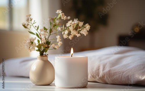 A scented candle on a white table with vases on a modern minimalist background