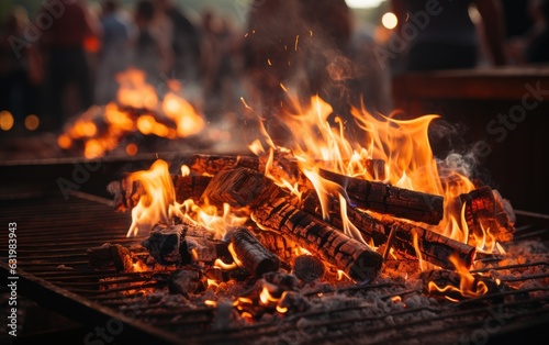 Closeup of burning coals from a fire, barbeque fire grilling campfire barbecue background banner.