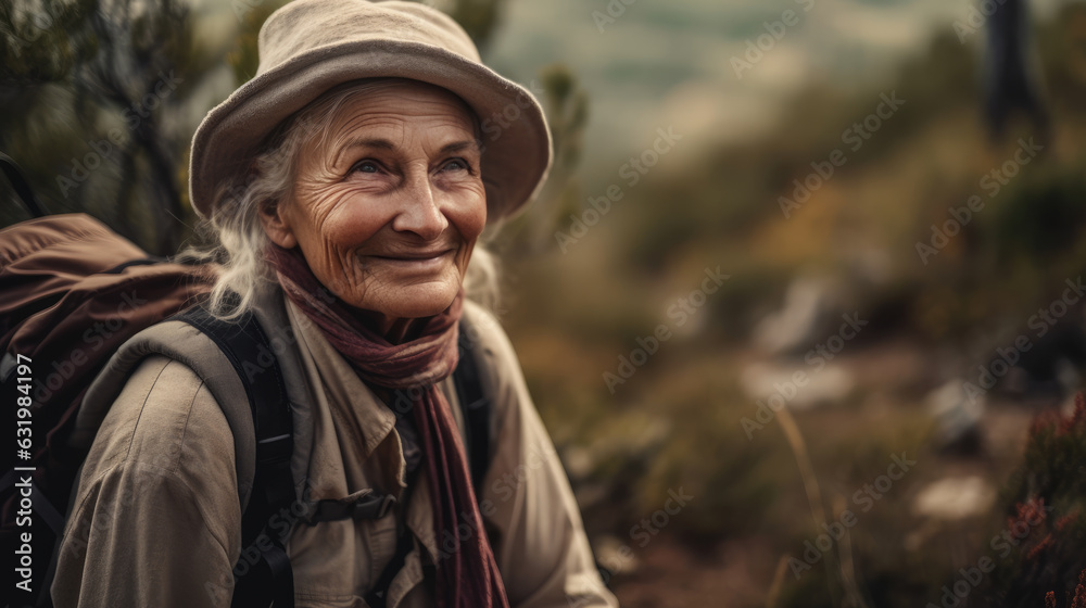 Adventurous Elderly Woman Embracing Nature - Generative AI